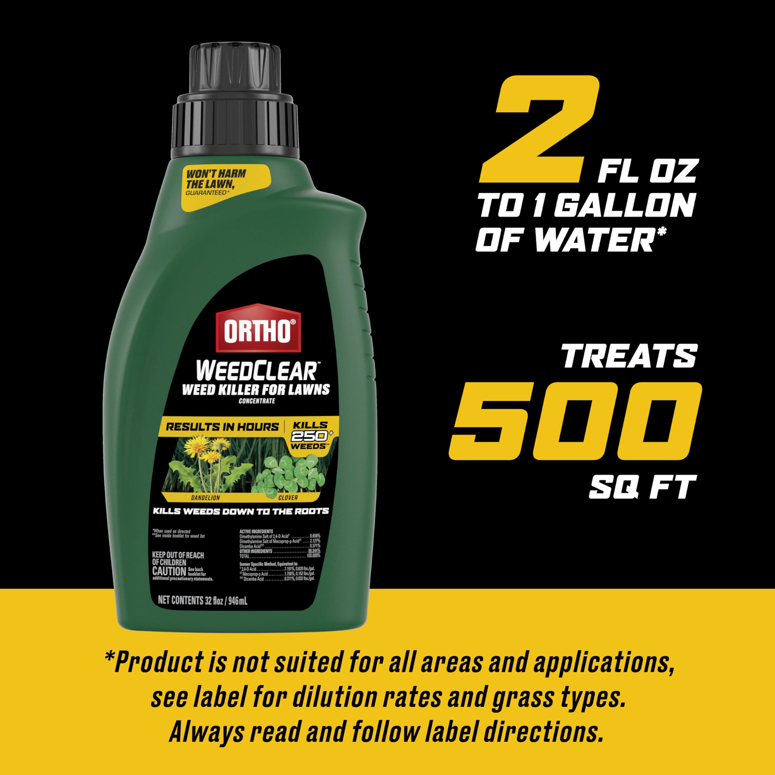 Ortho WeedClear coverage up to 16,000 sq ft per bottle.