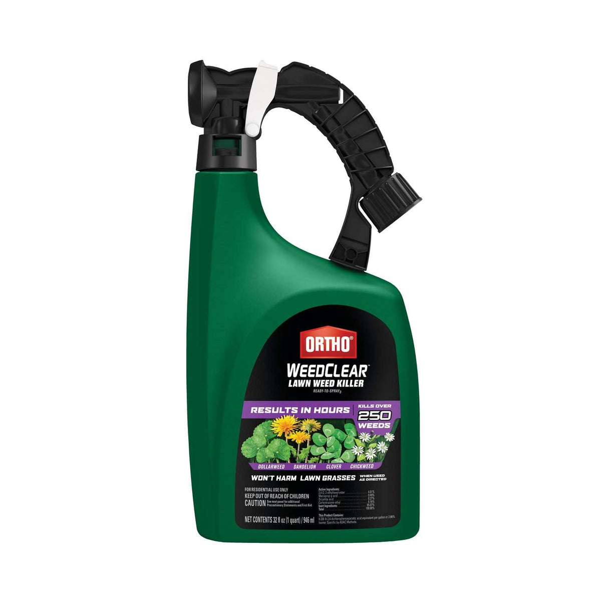 Ortho WeedClear bottle on hose ready for fast lawn weed control