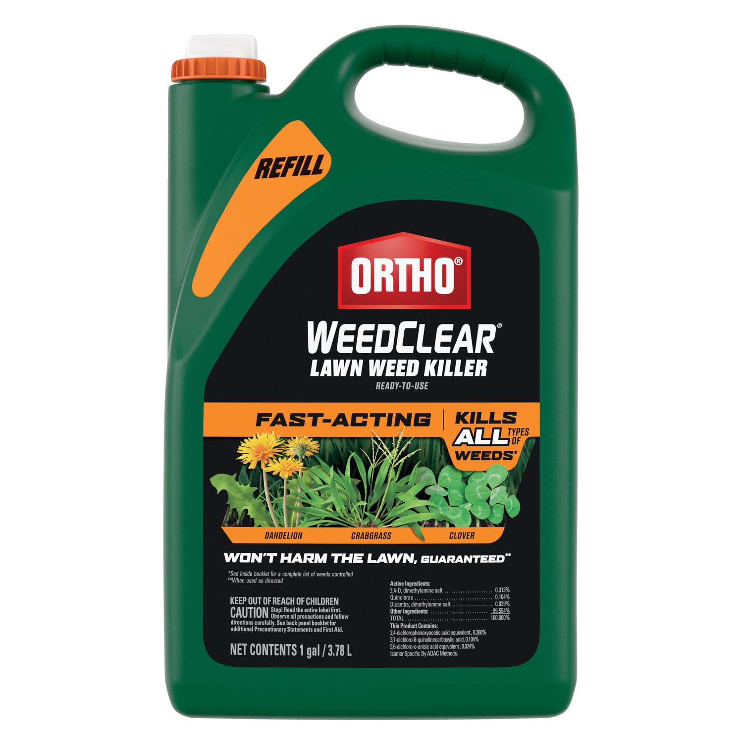 Ortho WeedClear lawn weed killer bottle-cap close-up for easy reseal and reuse