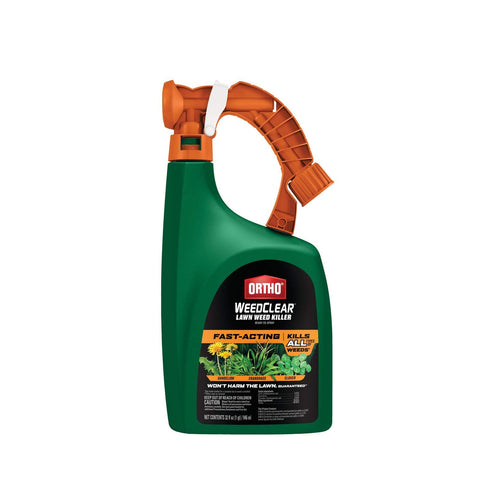 Ortho WeedClear lawn weed killer spray on a green lawn targeting dandelions and crabgrass