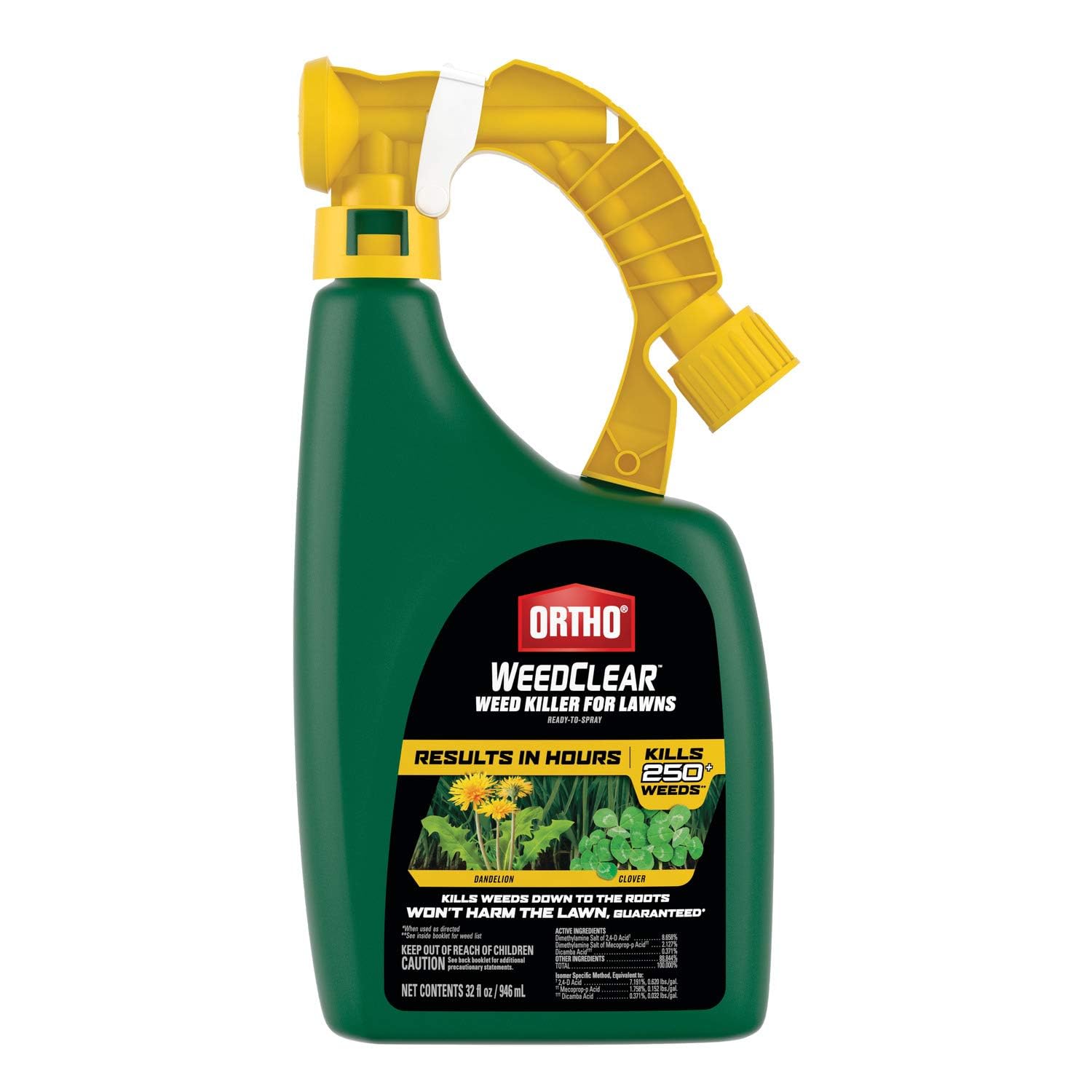 Ortho WeedClear ready-to-spray bottle demonstrates lawn-friendly weed control without harming grass