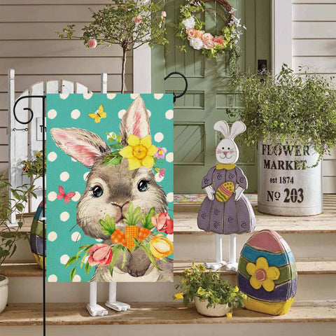 ORTIGIA Bunny Easter flag tulips pattern enhances spring curb appeal.