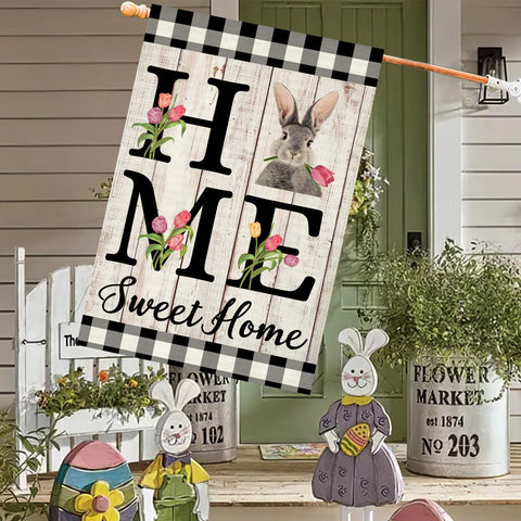ORTIGIA Burlap Easter Flag Bunny Tulips closeup shows vivid spring design for outdoor use.