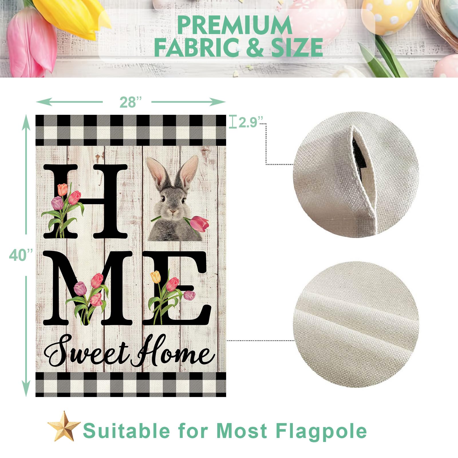 ORTIGIA Easter Bunny Tulips Flag adds farmhouse charm to outdoor space.