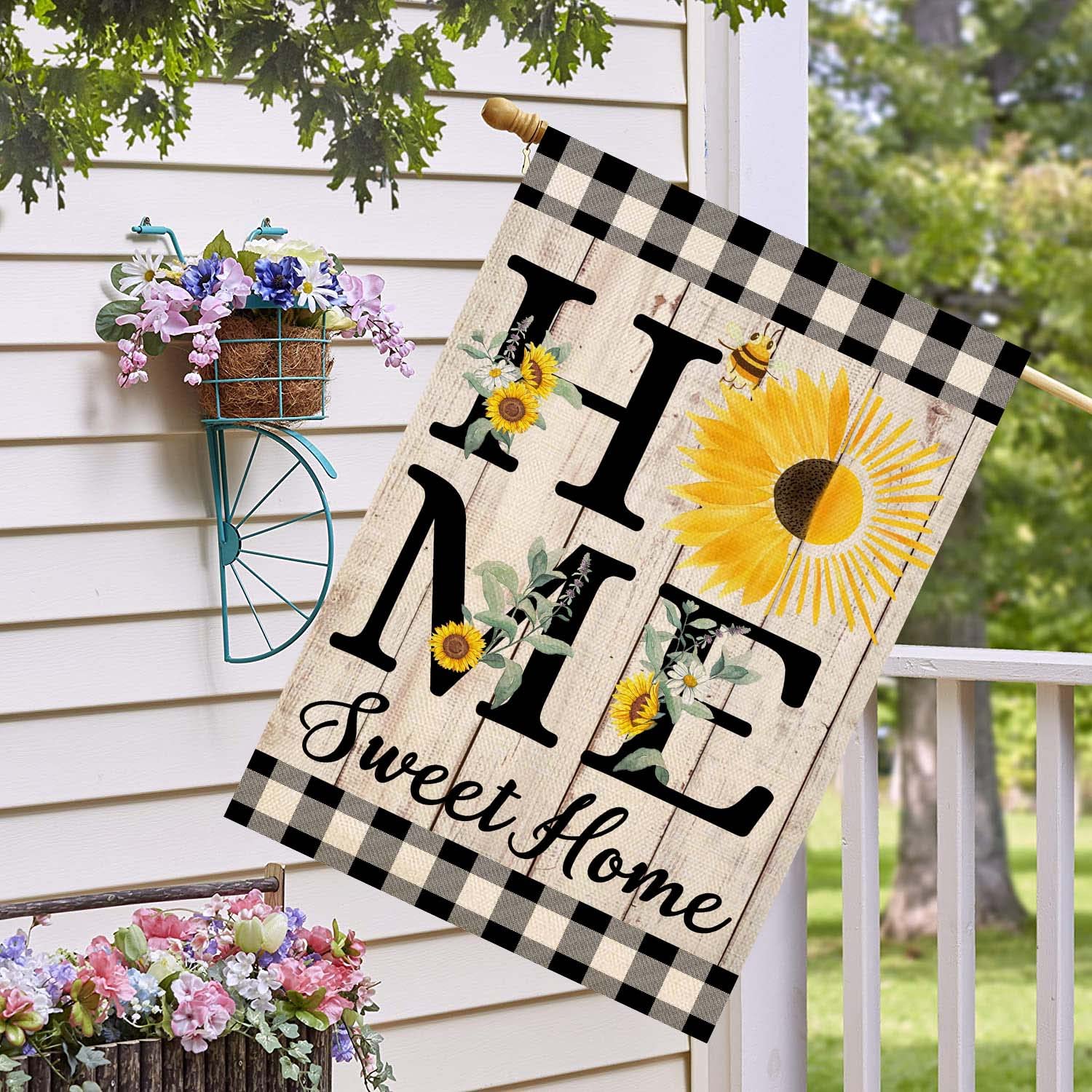ORTIGIA Home Sweet Home flag Buffalo Check Plaid enhances front yard