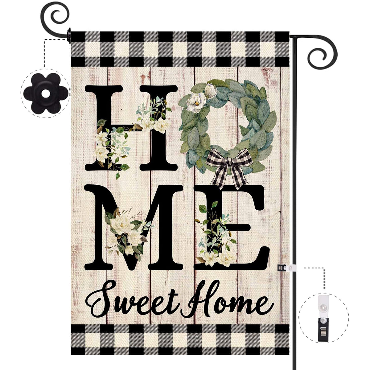 ORTIGIA Home Sweet Home Magnolia flag front view with double-sided burlap print