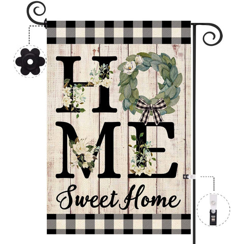 ORTIGIA Home Sweet Home Magnolia flag front view with double-sided burlap print