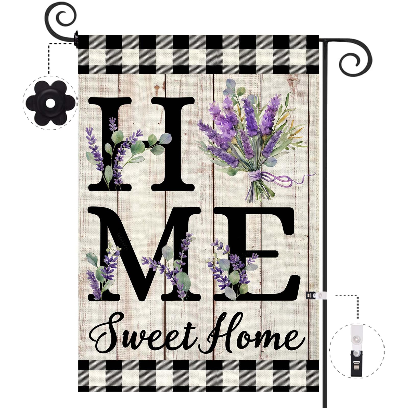 ORTIGIA lavender garden flag on burlap brings vibrant outdoor decor.