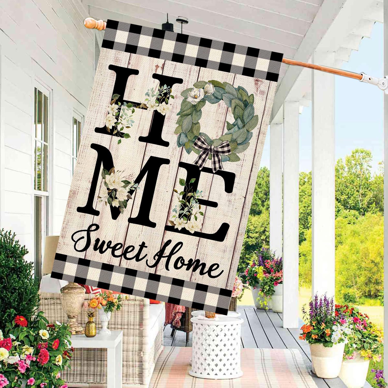 ORTIGIA flag shows buffalo plaid detail on both sides for versatile viewing.