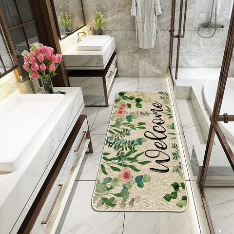 Close-up of eucalyptus design on ORTIGIA Welcome mat.