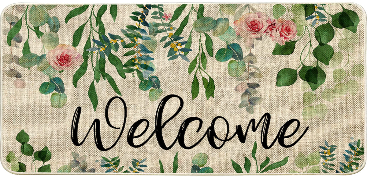 ORTIGIA Welcome doormat with eucalyptus leaves front view for dust trapping.