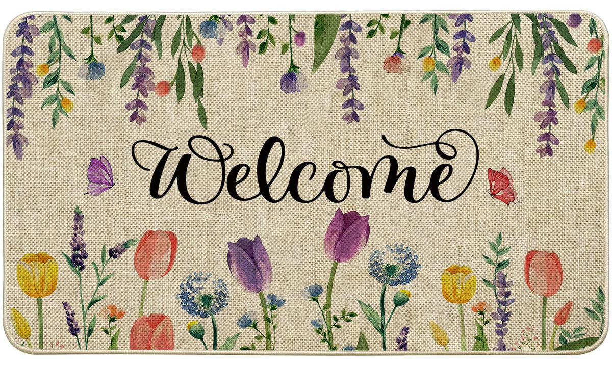 ORTIGIA Welcome Spring Tulip Lavender doormat front view showing welcoming floral pattern for entryways