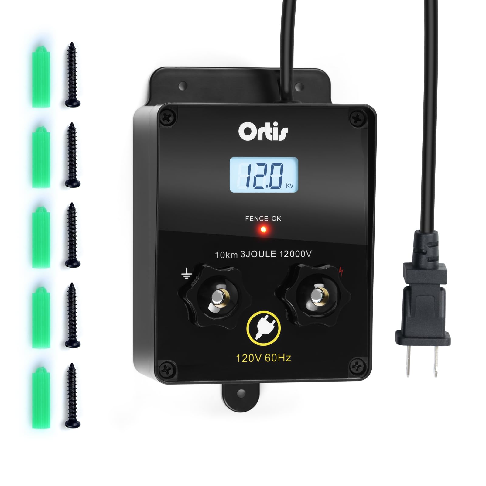 Ortis electric fence energizer front view for outdoor pasture protection.