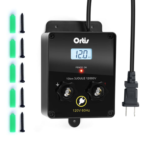 Ortis electric fence energizer front view for outdoor pasture protection.