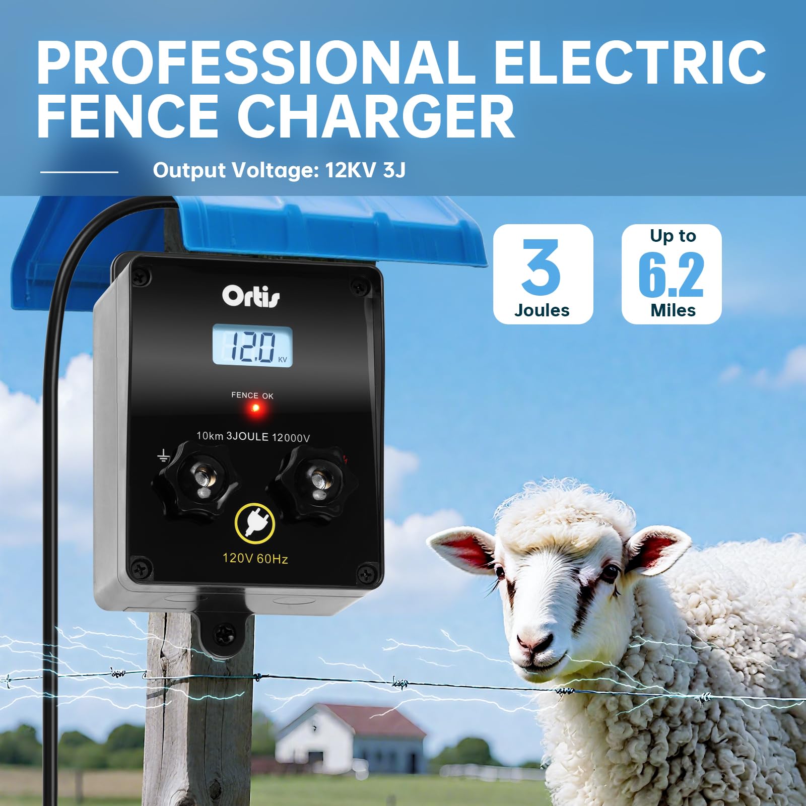 Ortis electric fence energizer LCD-display shows real-time voltage for monitoring.