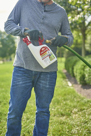 Ortho Home Defense in action spraying a lush lawn to deter common outdoor bugs.