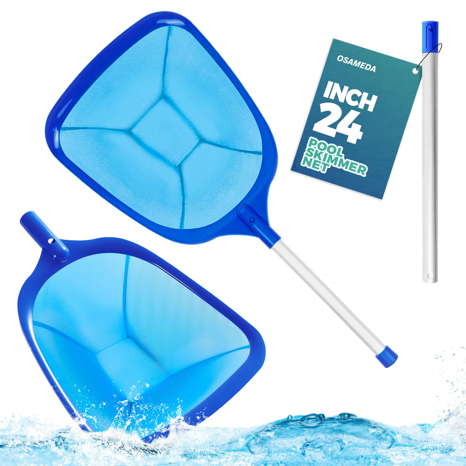 OSAMEDA pool skimmer net 24-inch front view showing sturdy frame for efficient leaf removal
