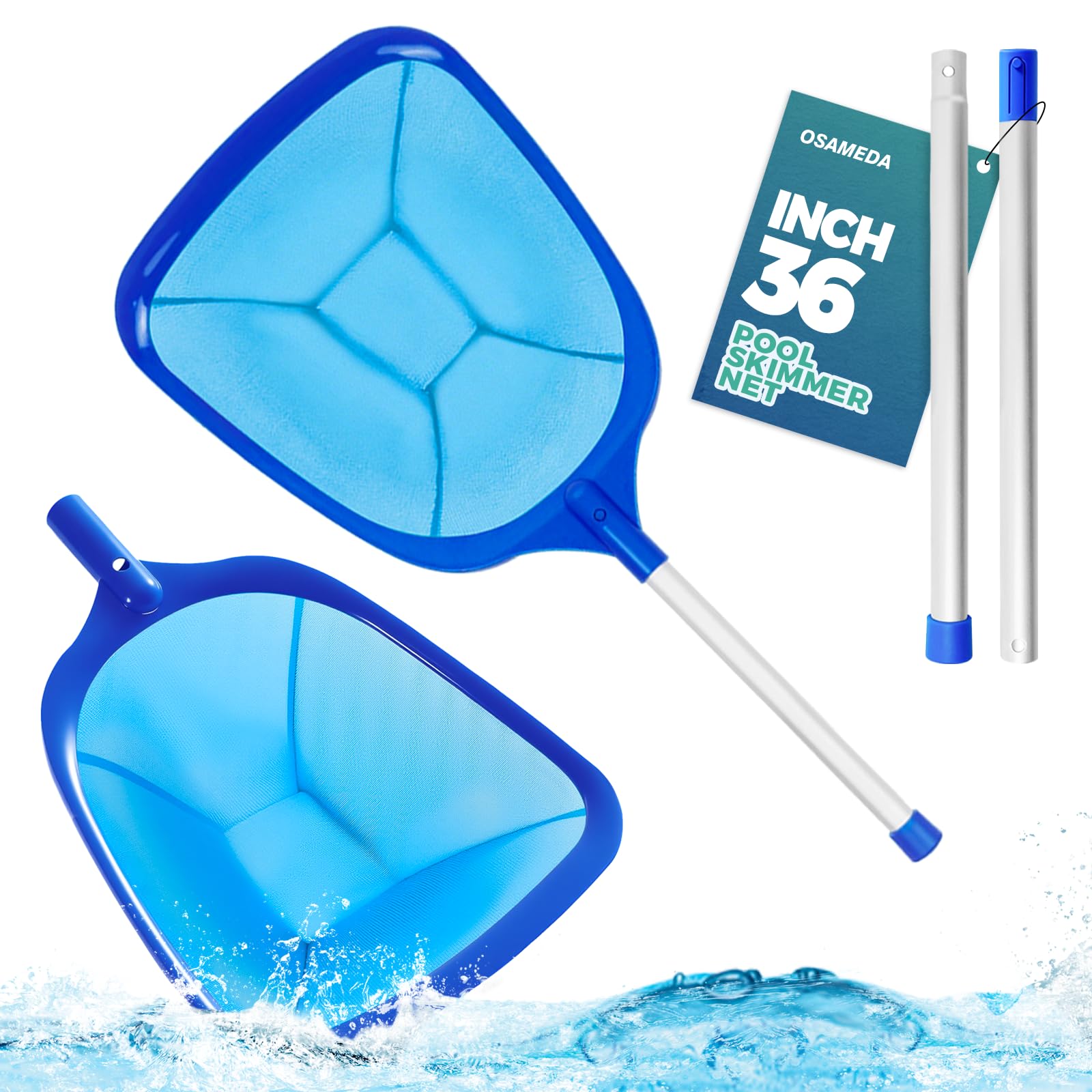OSAMEDA pool skimmer net 36-inch blue captures leaves with easy pole attachment.