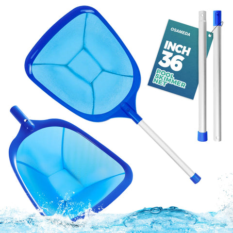 OSAMEDA pool skimmer net 36-inch blue captures leaves with easy pole attachment.