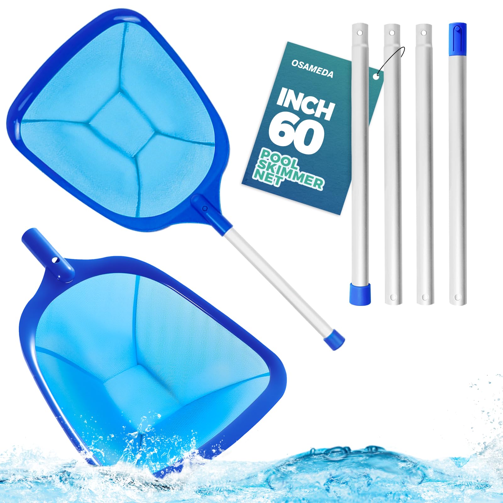 OSAMEDA pool skimmer net with angled front lip for easier debris pickup.