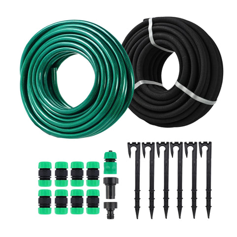 Oscorna customizable soaker hose 50ft layout demonstrates an efficient irrigation plan for multiple garden zones.