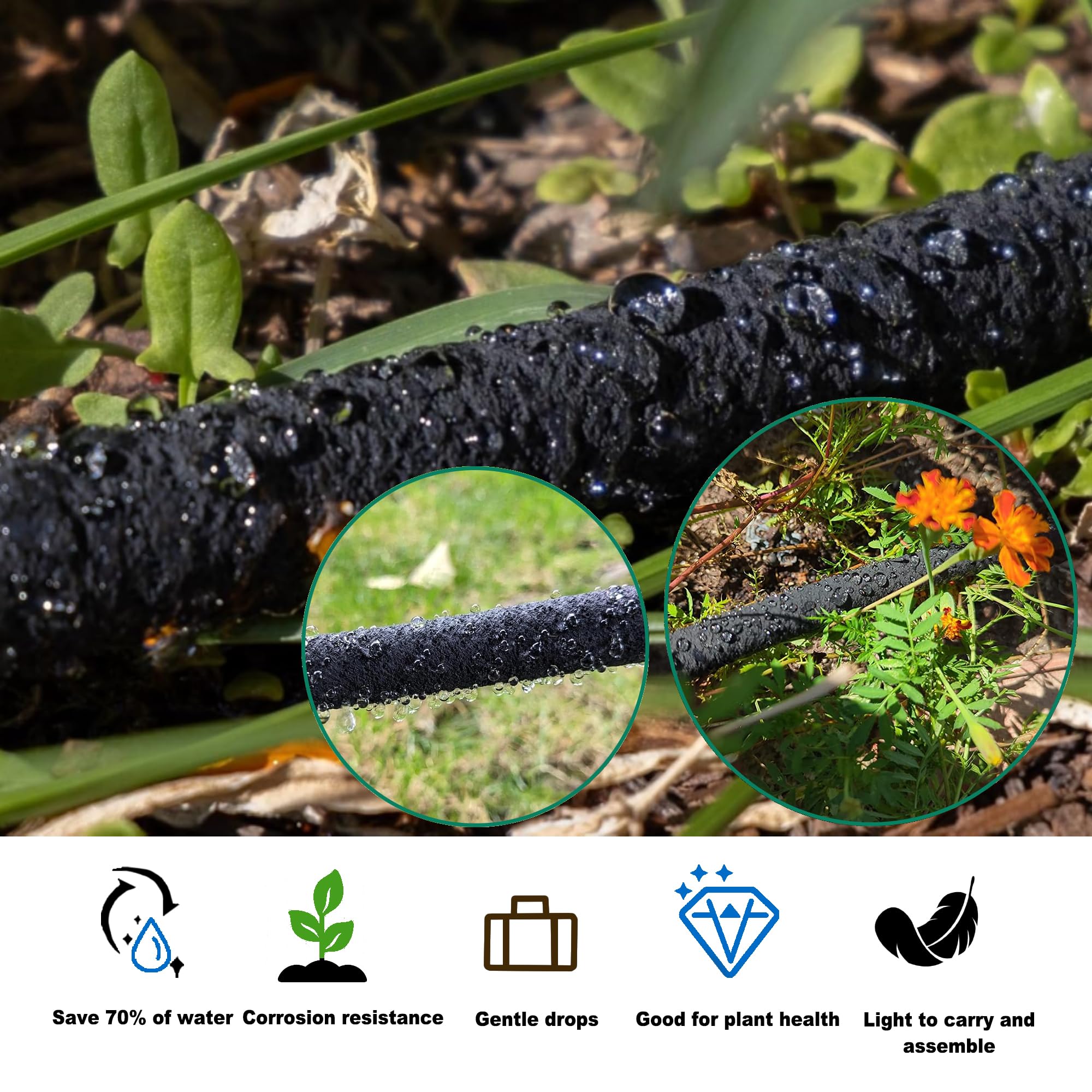 Oscorna irrigation system assembly image highlights easy, step-by-step installation.