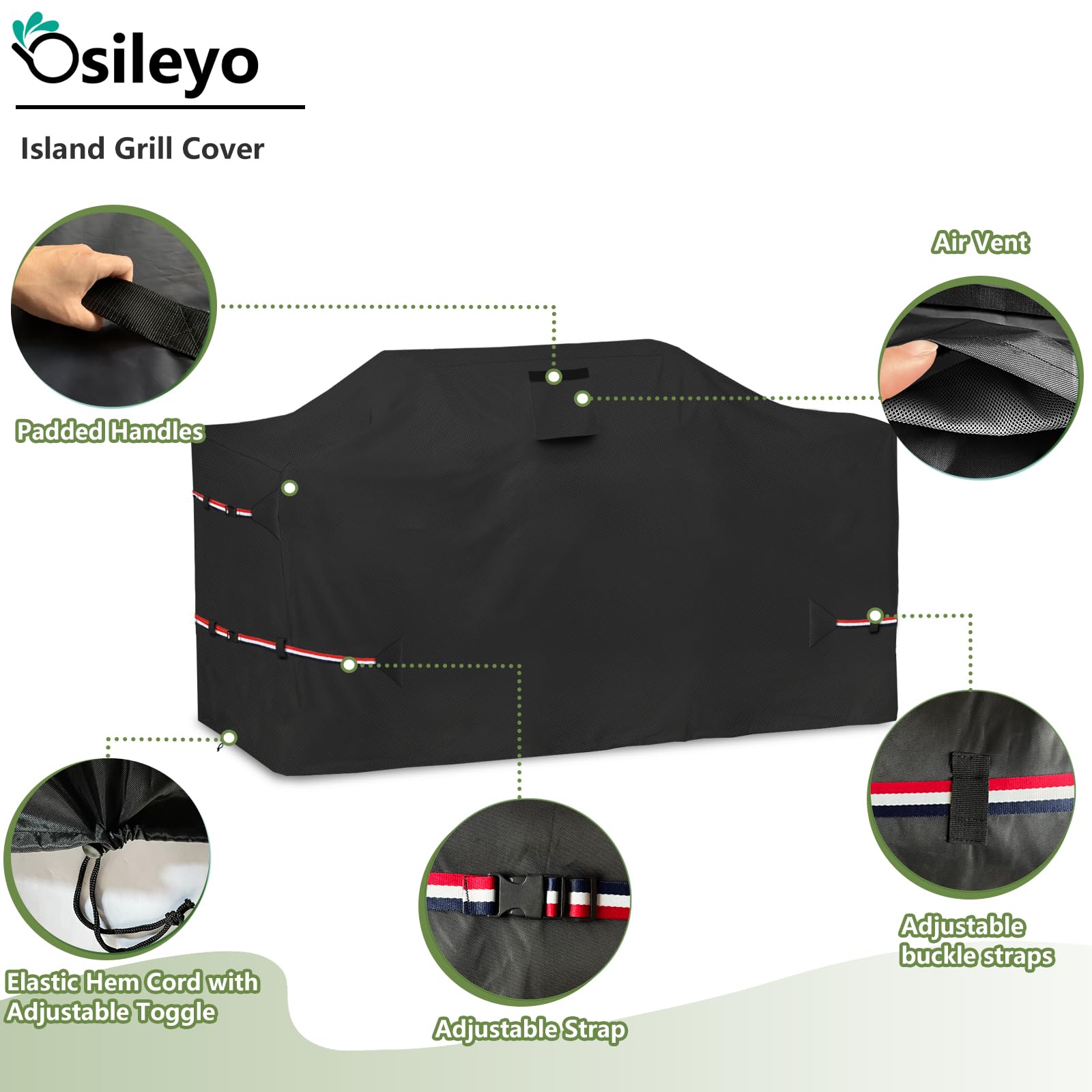 Osileyo 98-Inch Island Grill Cover left side view showing precise fit.