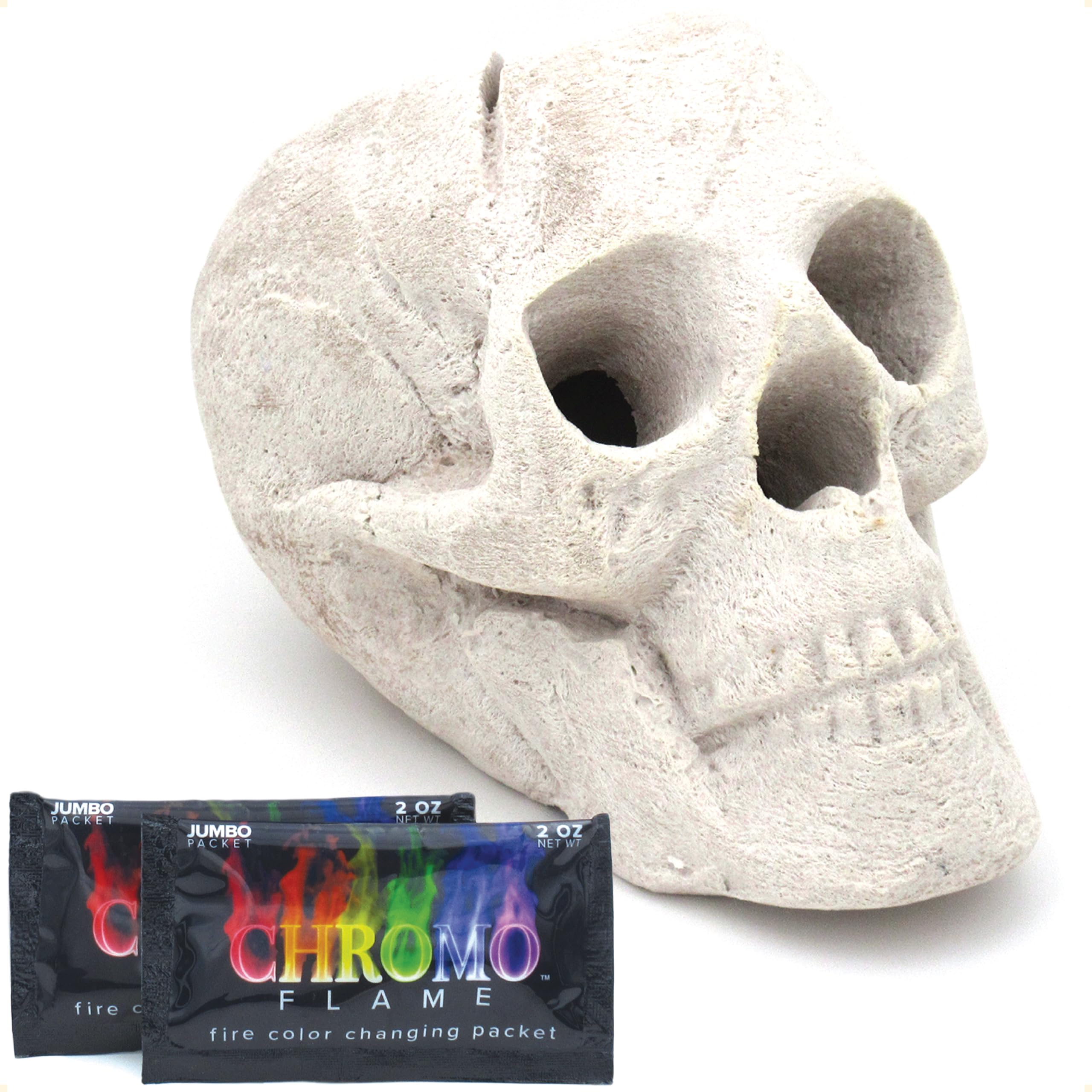 OSKER Fire Pit Skull with color-changing packets for vibrant flame color during gatherings.