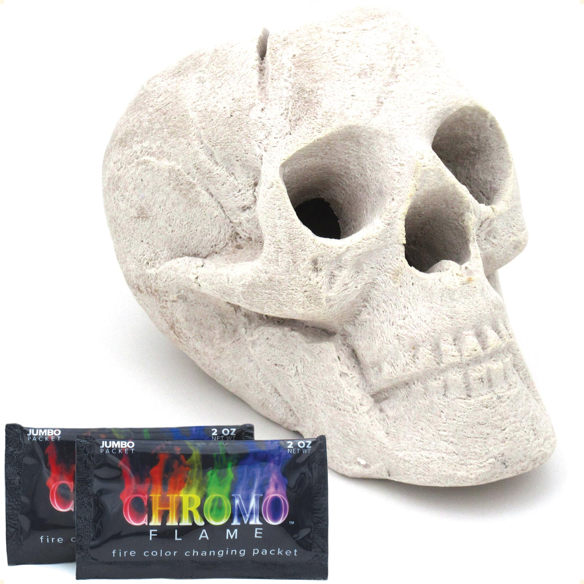 OSKER Fire Pit Skull with color-changing packets for vibrant flame color during gatherings.