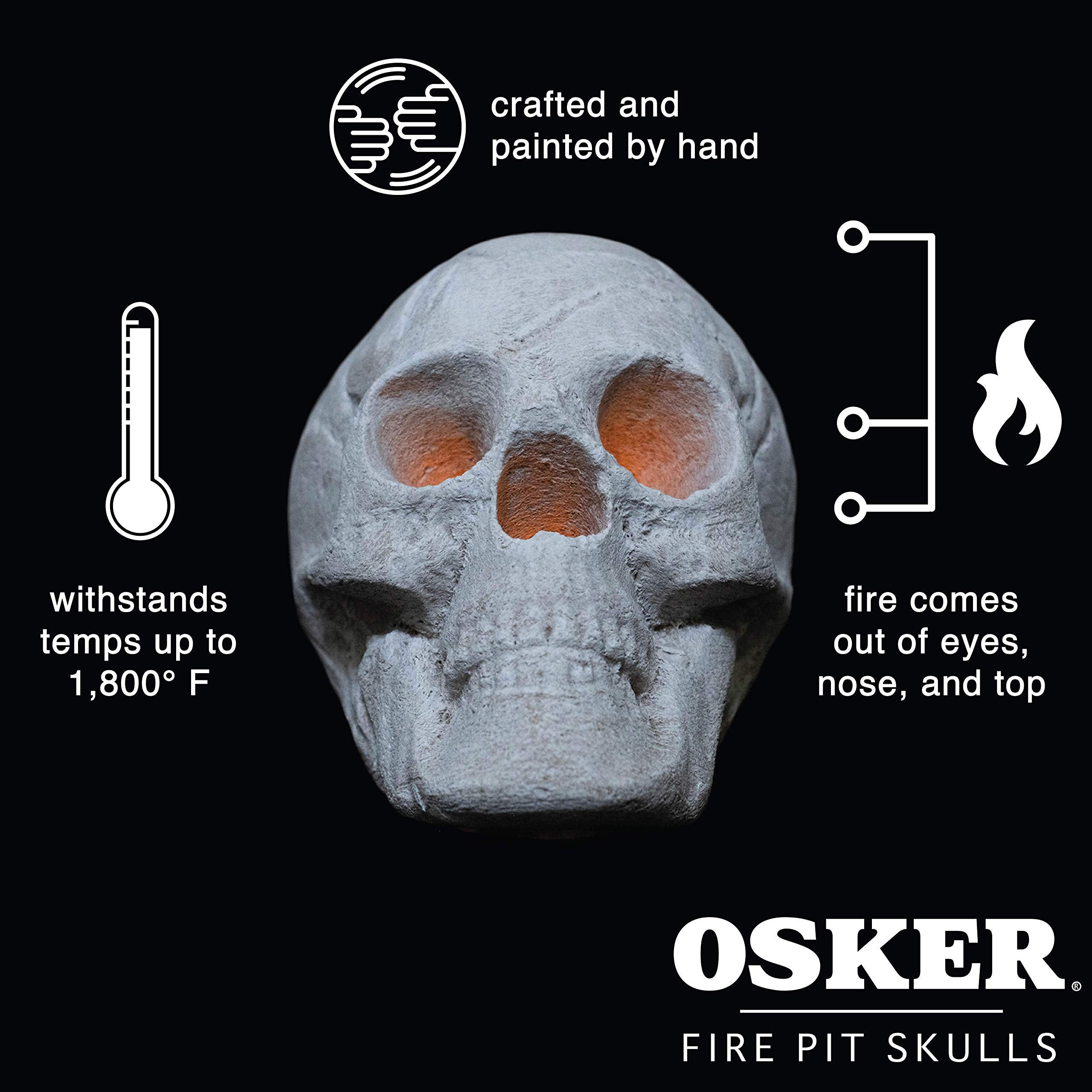 OSKER ceramic skull log withstands high temps, ideal for wood, propane, or gas fires.