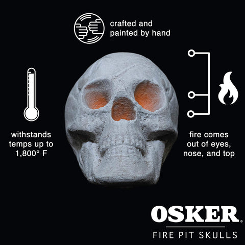 OSKER ceramic skull log withstands high temps, ideal for wood, propane, or gas fires.