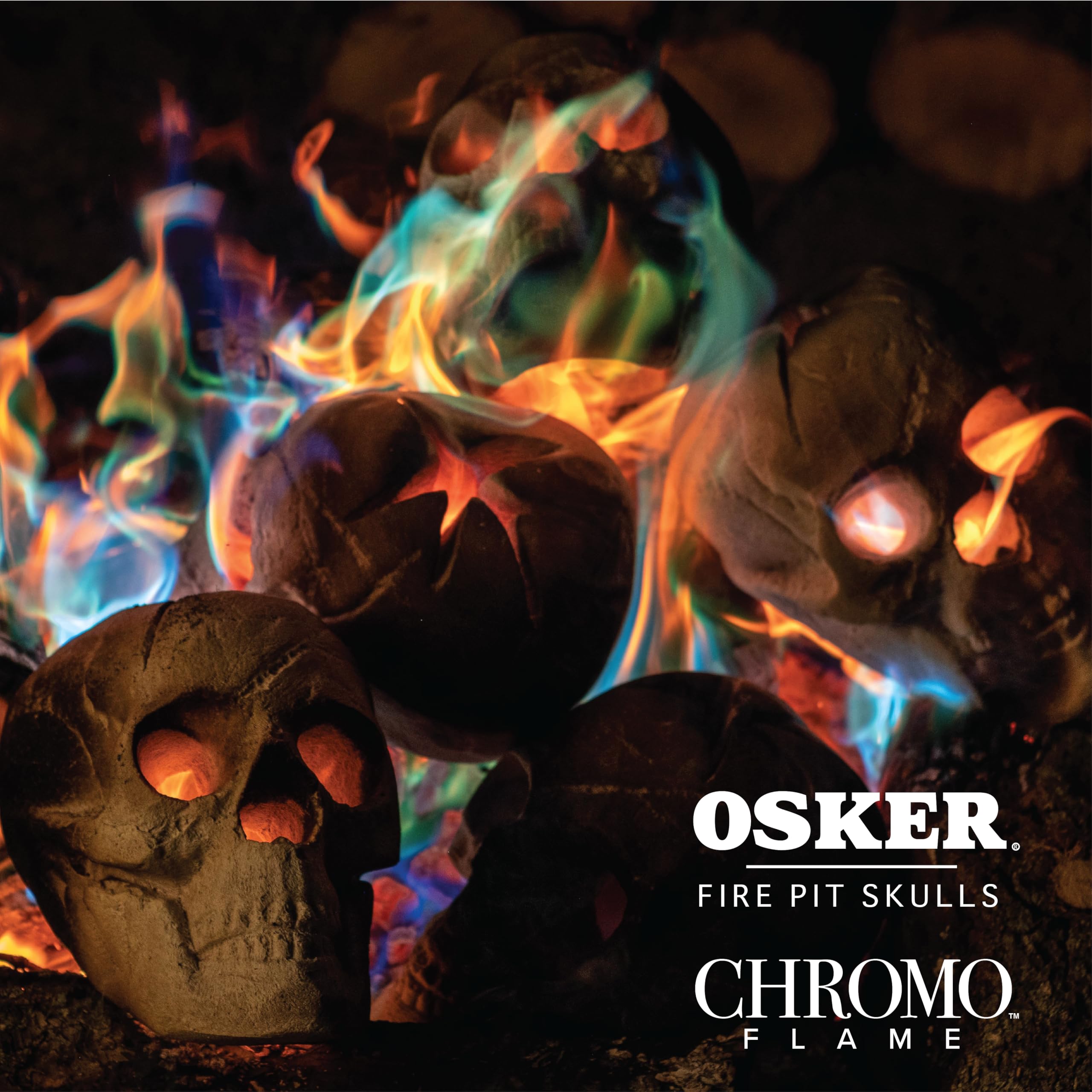 OSKER Fire Pit Skull shows nose flames adding dramatic ambiance to outdoor bonfires.