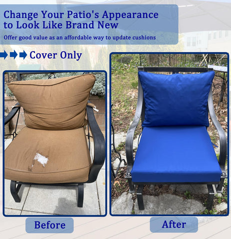 Patio setup featuring Oslimea blue cushion covers for cohesive decor