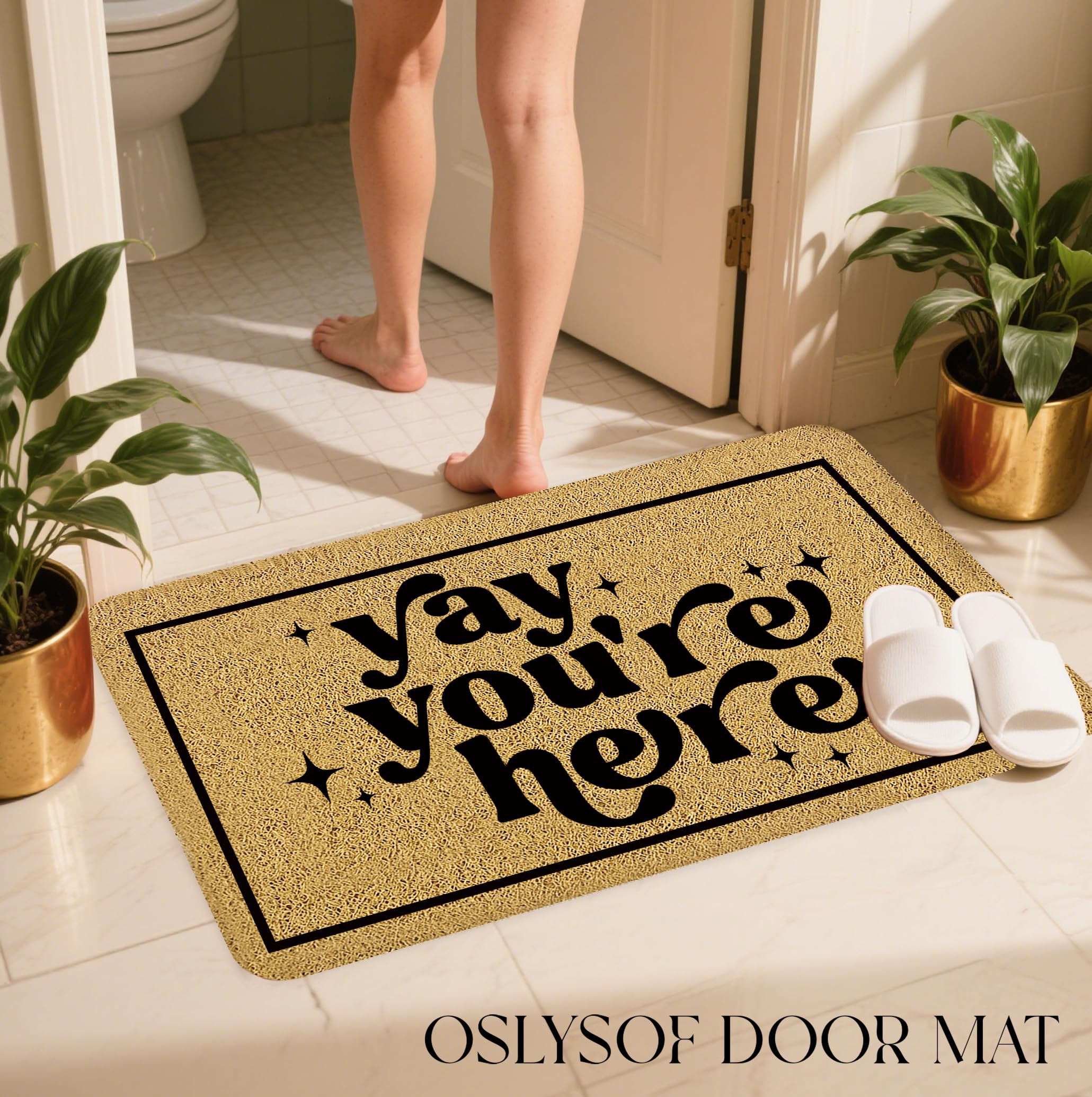 OSLYSOF indoor outdoor mat suits entryways, patios, and porches.