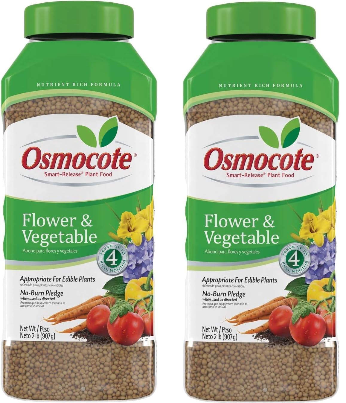 Osmocote 4-month slow-release plant food bottle supports steady growth for flowers and vegetables.