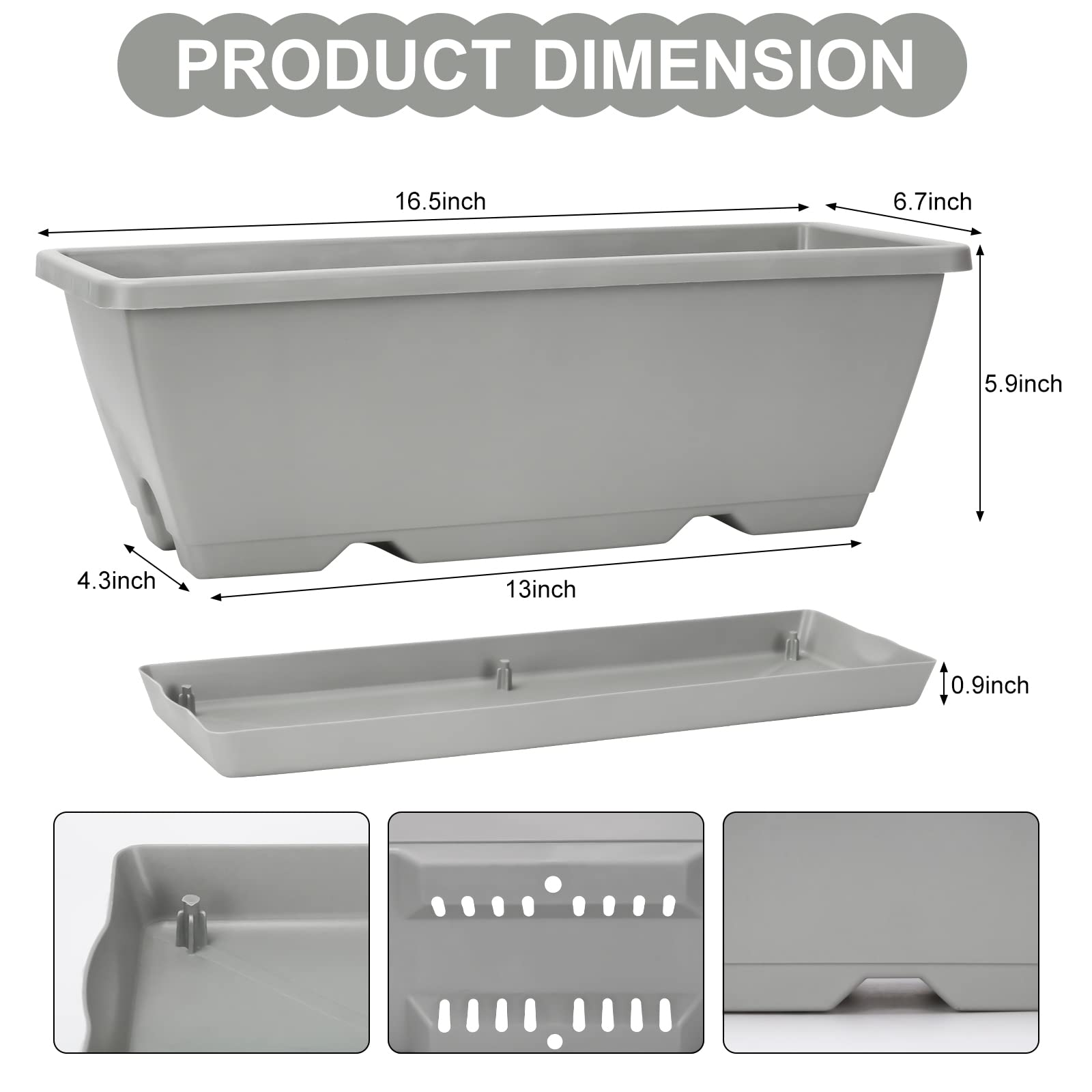 OSMOFUZE Window Box Planter six-pack dimension close-up shows durable, lightweight plastic.