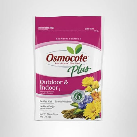 Osmocote 8 lb container highlights a no-burn pledge when used as directed.