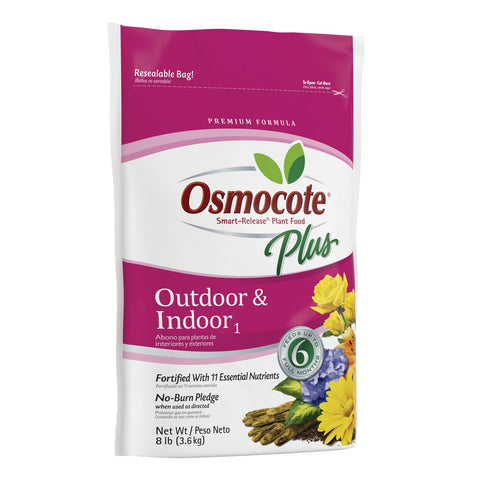 Osmocote resin-coated granules on potting soil enable steady indoor plant nutrition.
