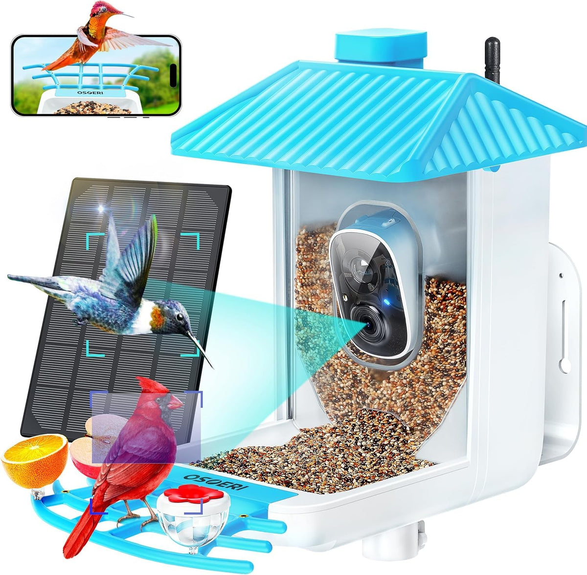 Osoeri bird feeder camera, front view, highlights a durable weather-ready design for year-round watching.