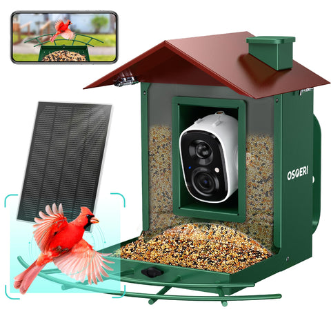 Osoeri bird feeder camera outdoors shows setup for real-time bird watching
