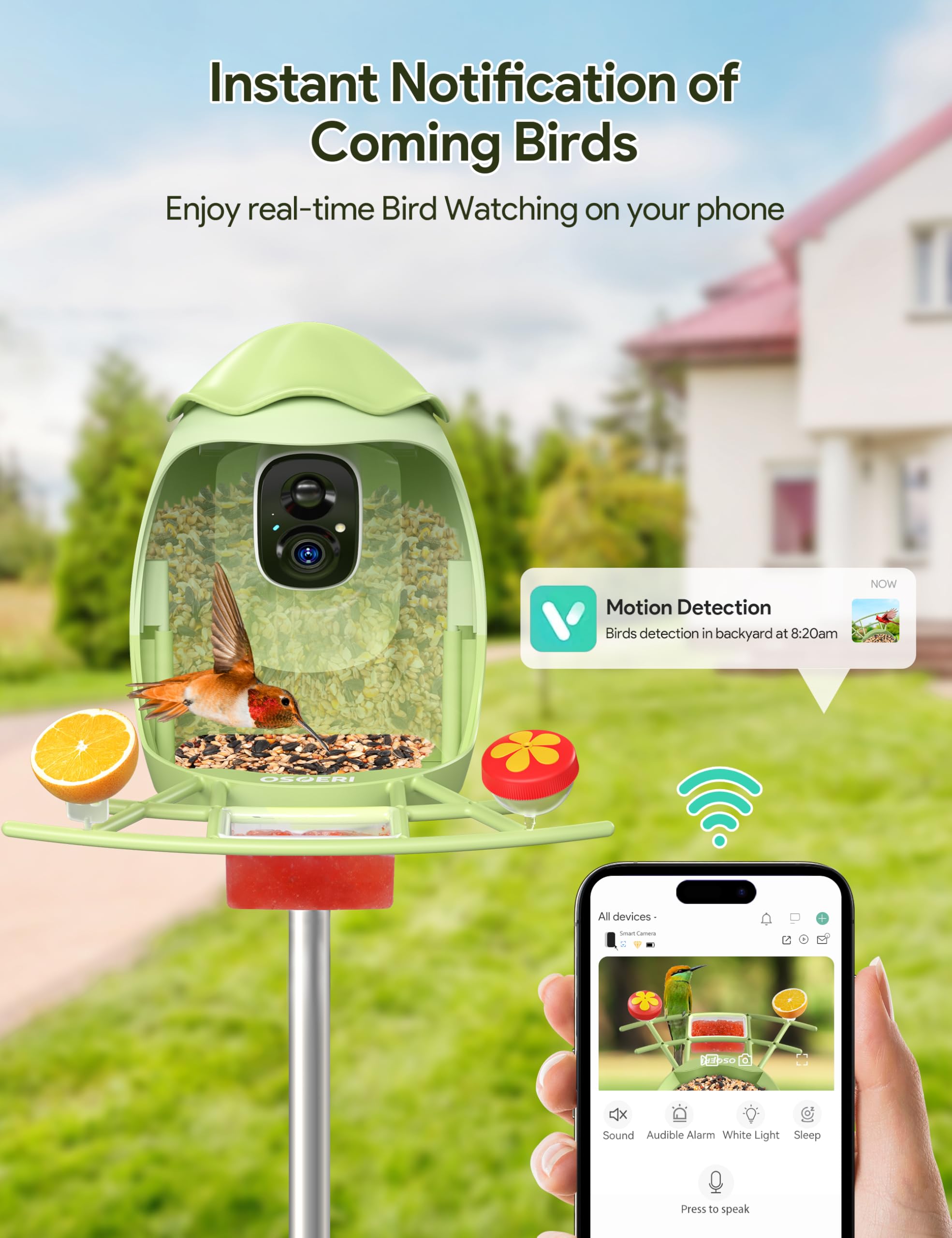Osoeri solar-powered feeder with 5200mAh battery for long outdoor use.