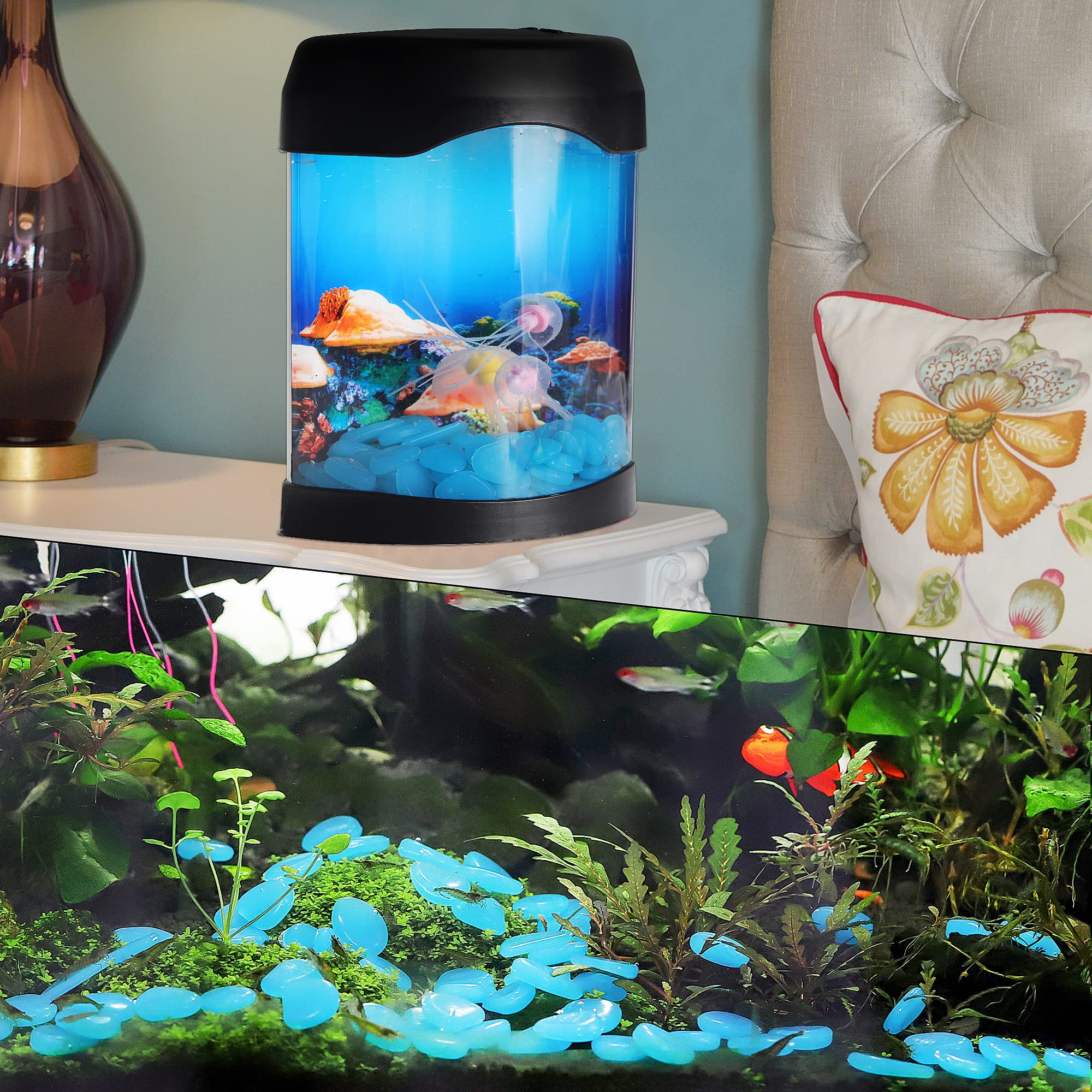 OSOPOLA blue glow stones accent a vase with subtle luminescence.