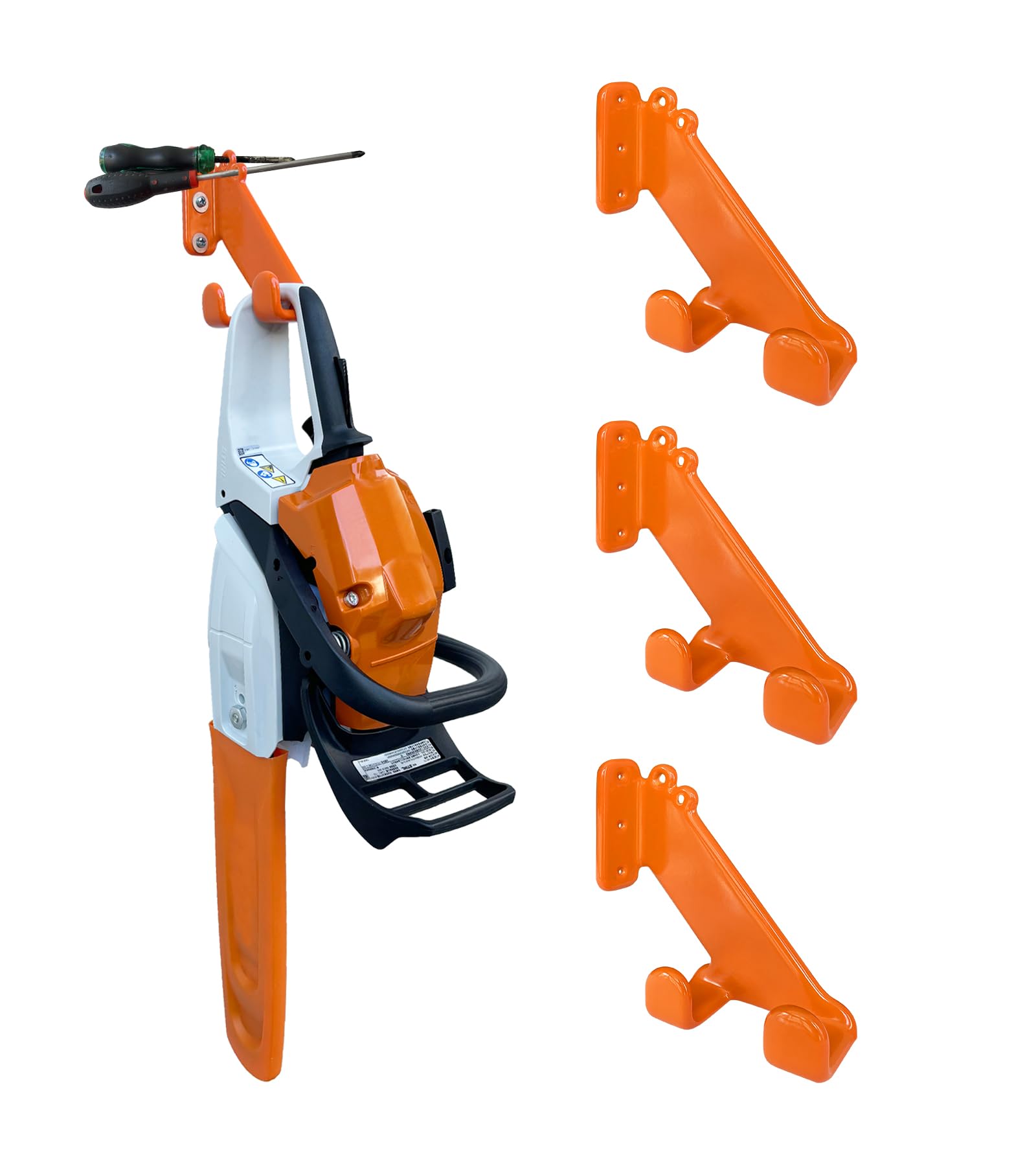 OSROENE chainsaw hanger showing horizontal and vertical mounting options for flexible storage