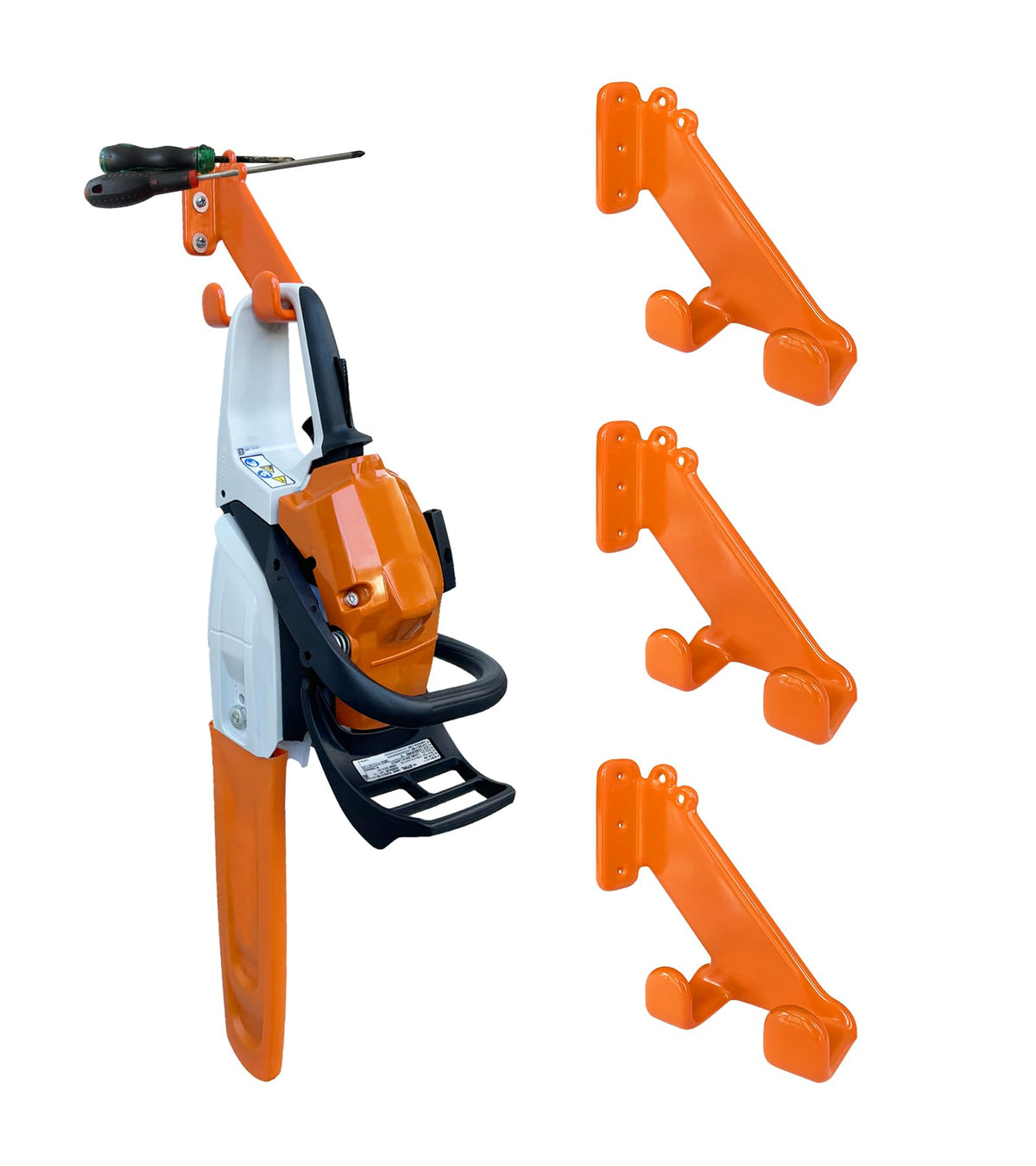 OSROENE chainsaw hanger showing horizontal and vertical mounting options for flexible storage