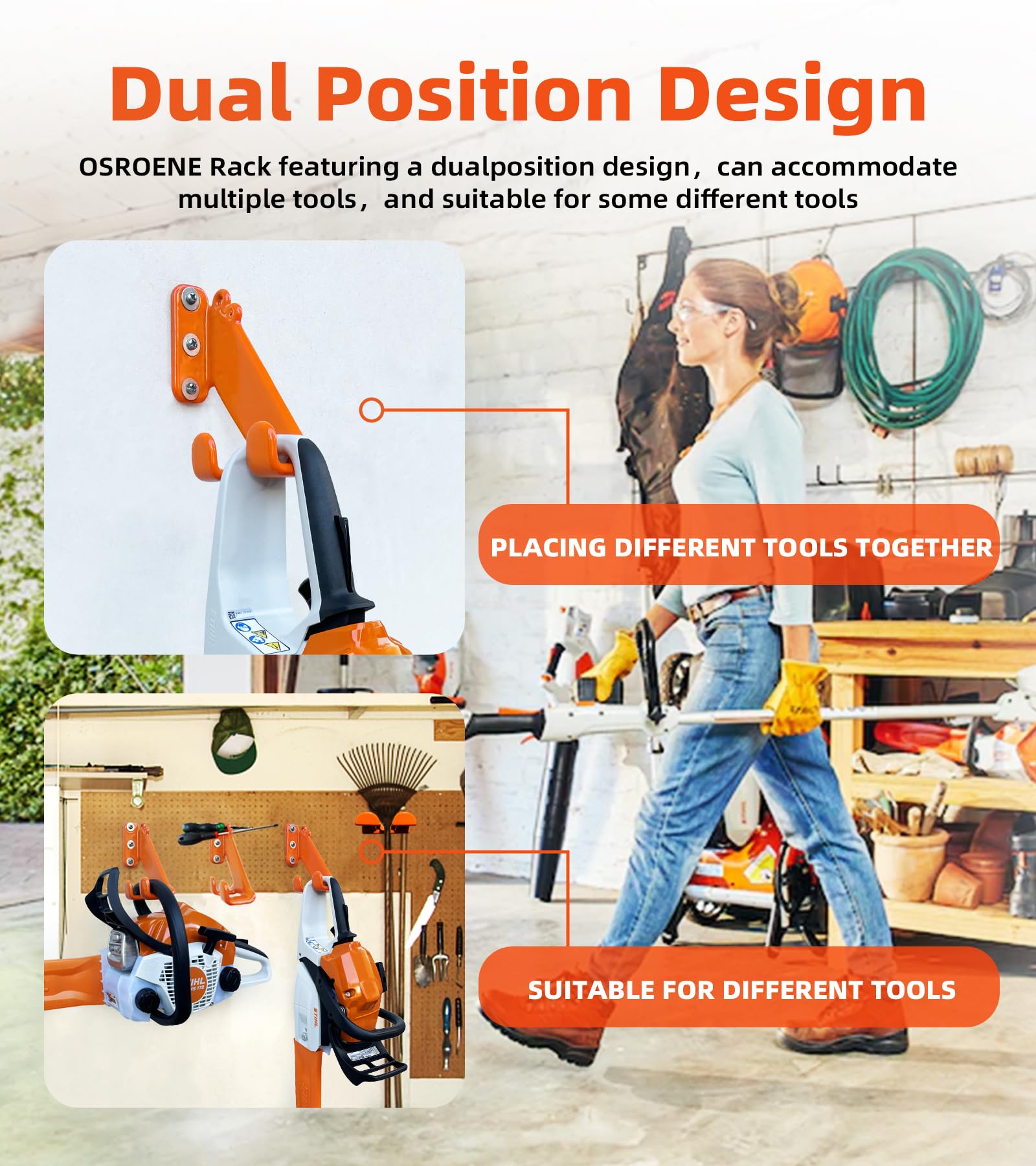 OSROENE chainsaw hanger compatible with Stihl and Husqvarna models for versatile storage.