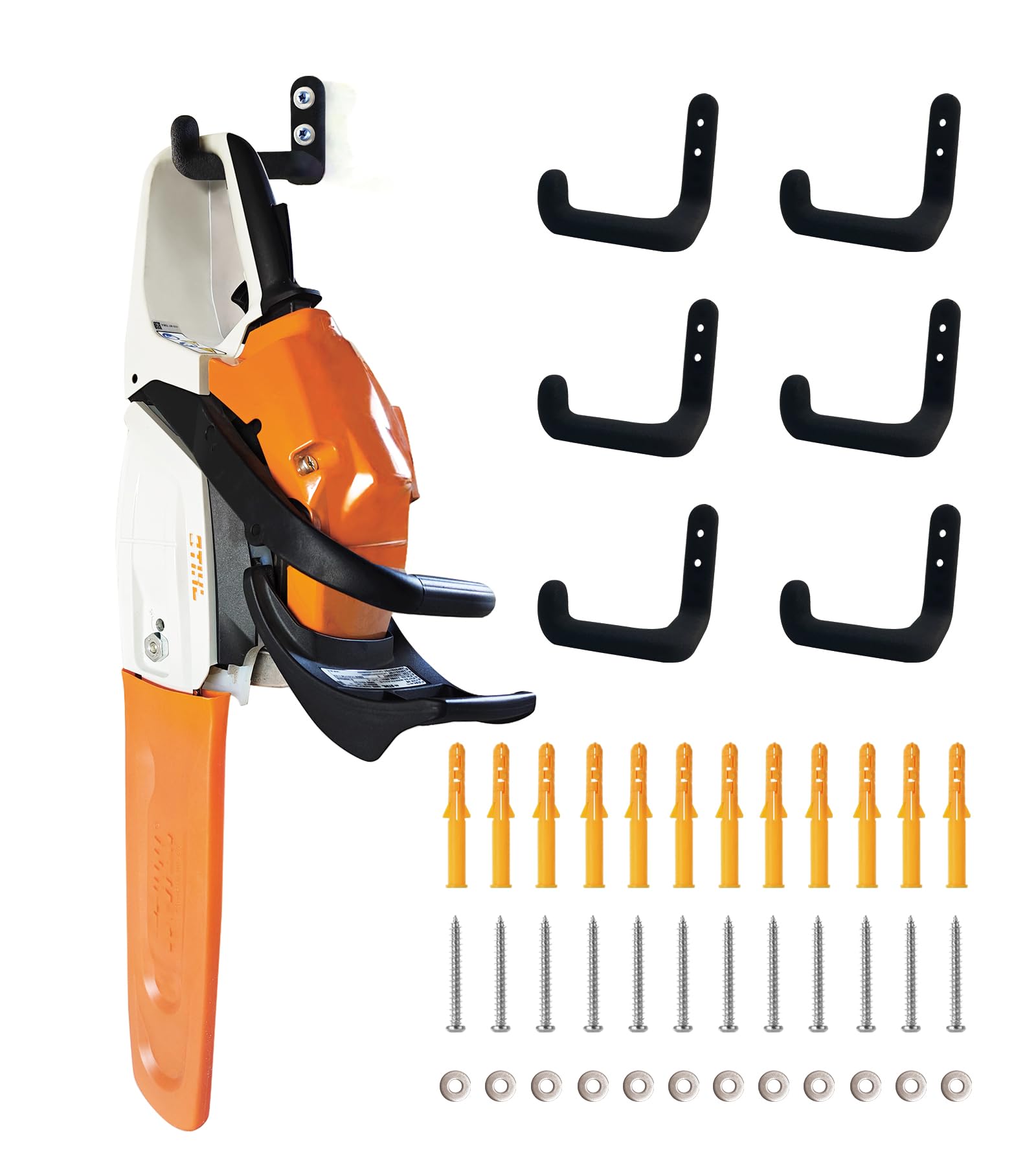 OSROENE chainsaw hanger six-pack on wall enables organized storage and easy access in workshop.