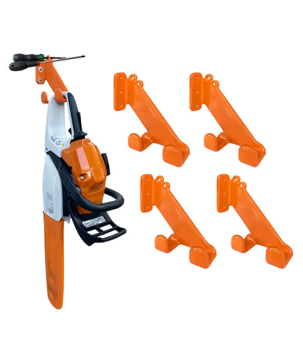 OSROENE chainsaw hanger mounted on wall for easy, immediate access and tidy garage storage.