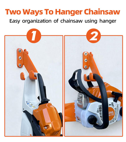 OSROENE wall-mount chainsaw rack shown in vertical orientation for compact space use.