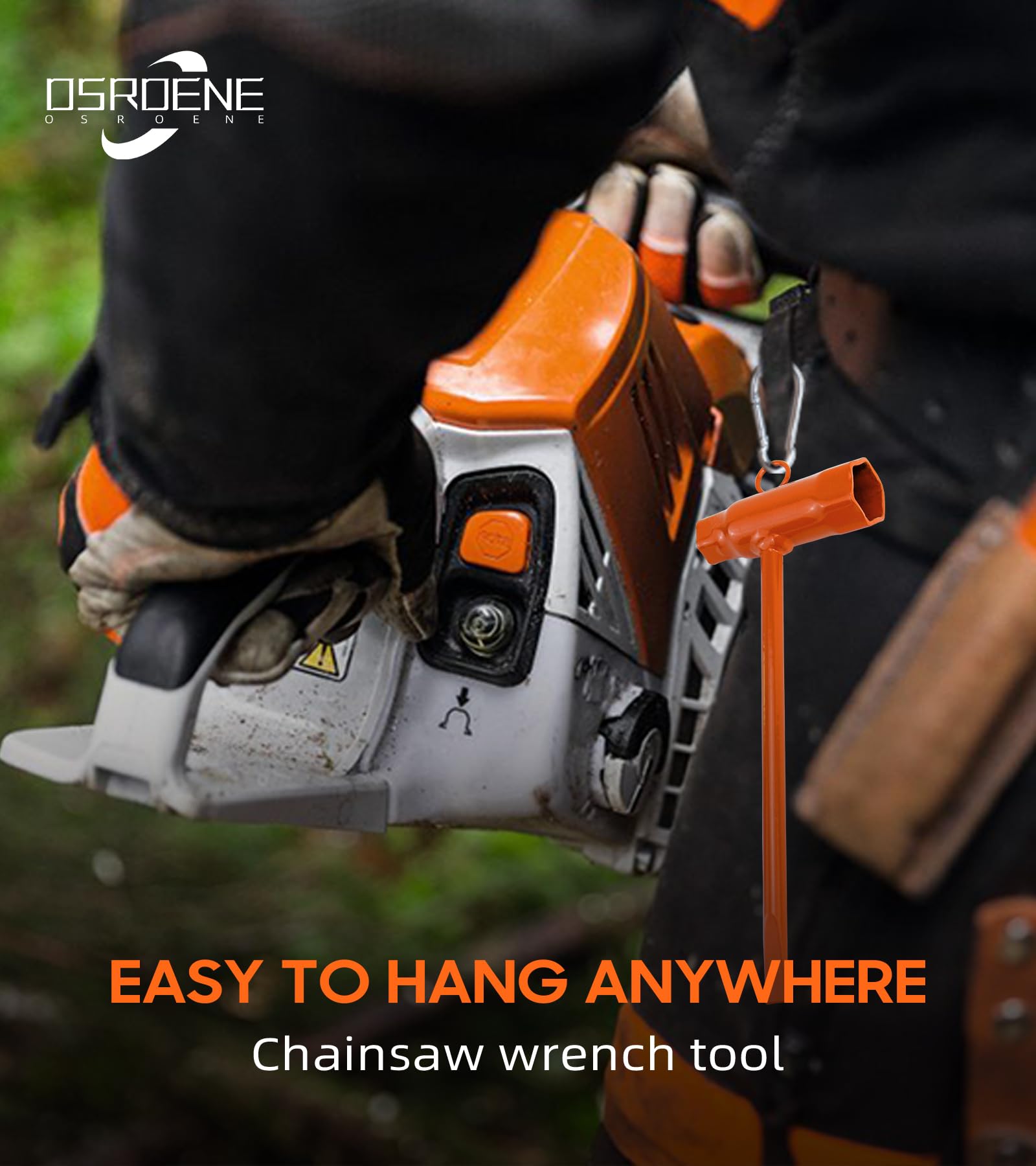 OSROENE chainsaw wrench with top hook for secure carry on outdoor jobs.