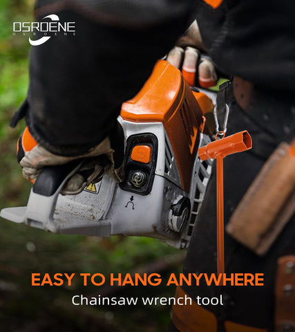 OSROENE chainsaw wrench with top hook for secure carry on outdoor jobs.